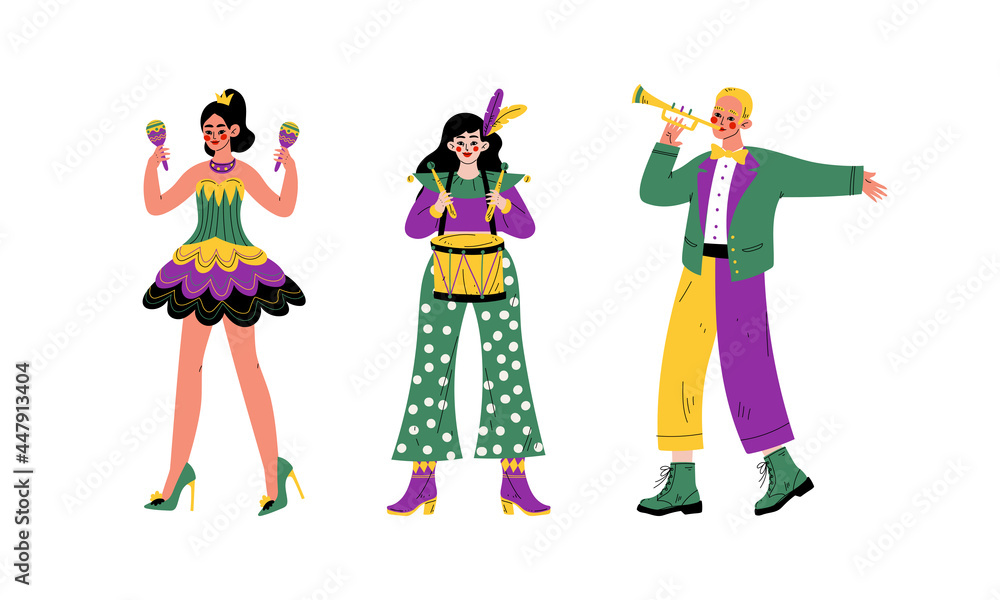 Man and Woman in Bright Costumes for Circus Show or Entertaining Performance Vector Set