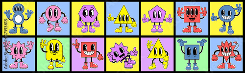 Cute abstract comic characters. Cartoon style, Flat design, Set of multicolored vector illustrations, In square posters, All elements isolated