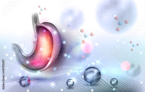 Human stomach health care background design, abstract scientific backdrop with metal balls, lines and cells.