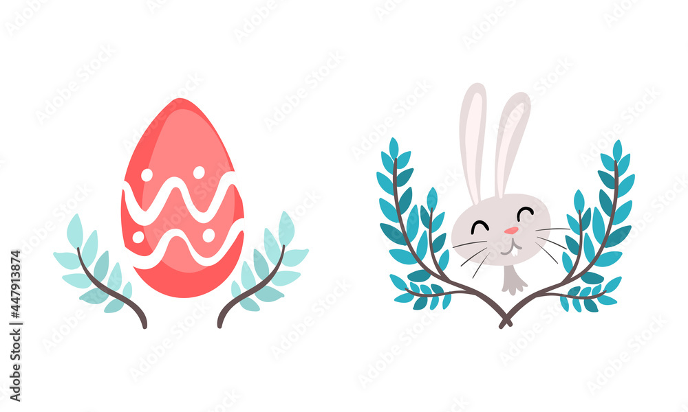 Funny Easter Bunny Head with Long Ears and Grey Coat with Decorated Egg and Floral Branch Vector Set