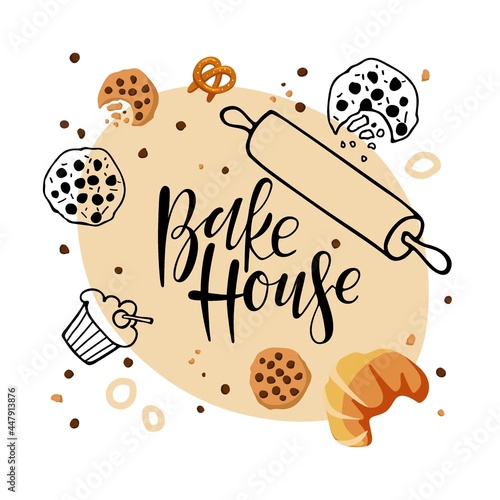 Bake House Calligraphy logo Shop. Hand written brush Lettering and pastries sketch and flat for bread house, loaf store, food market, cafe, restauran, culinary school emblem. Home kitchen concept.