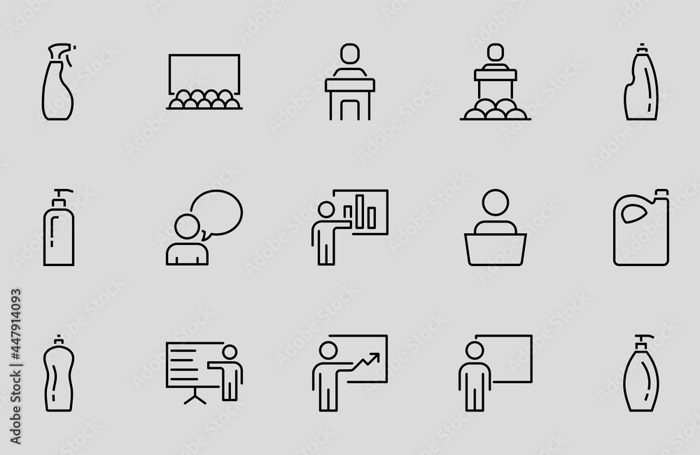 Set of Business Presentation Related Vector Line Icons. Contains icons such as Presenter, Teacher, Auditorium, Lesson, and more. Editable stroke. Simple icons isolated Set of Business Presentation Related Vector Line Icons. Contains icons such as Presenter, Teacher, Auditorium, Lesson, and more. Editable stroke. Simple icons isolated