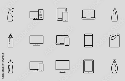 The set of icons for gadgets of electronic devices and communications contains Icons for Computer, Tablet, Phone, TV, Monitor, Laptop. Editable stroke. Vector thin icons