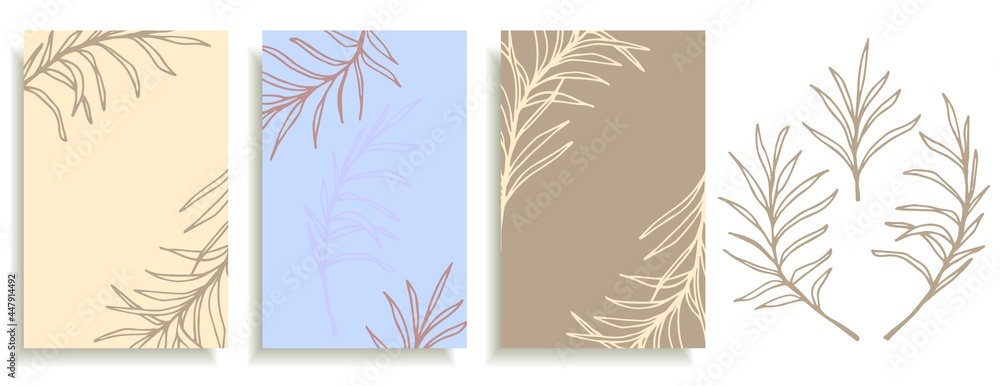 Simple vector illustration in pastel pink-blue colors. Palm branches, vegetation. For prints, templates, posters.