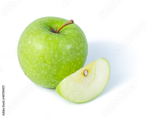 Fresh ripe green apple on a white background. Natural healthy food. Photos for juice and food packaging. Organic fruits
