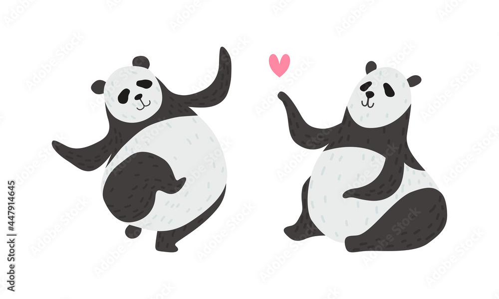 Panda Bear with Black-and-white Coat and Rotund Body Dancing and Sending Heart Vector Set Panda Bear with Black-and-white Coat and Rotund Body Dancing and Sending Heart Vector Set