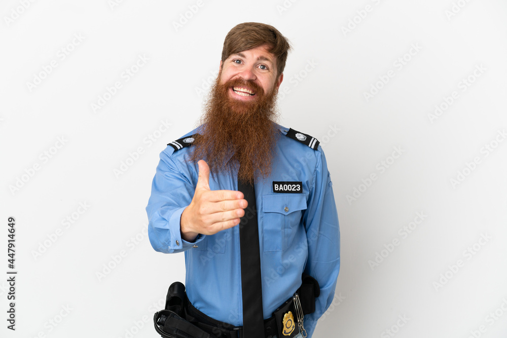 Redhead police man isolated on white background shaking hands for closing a good deal Redhead police man isolated on white background shaking hands for closing a good deal