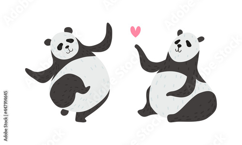 Panda Bear with Black-and-white Coat and Rotund Body Dancing and Sending Heart Vector Set