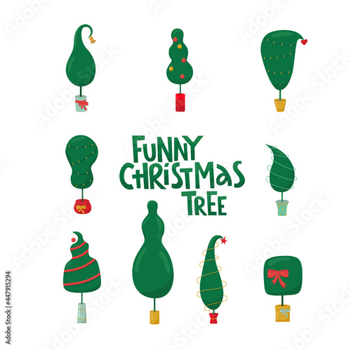 Funny Christmas tree lettering sign with Grinch tree. Vector stock illustration isolated on white background for template design Christmas sale, greeting card, invitation.  photo