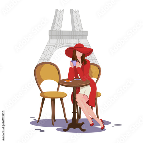 Beautiful brunette girl in a street cafe in Paris, drinking coffee and eating a croissant. Girl in a red hat, coat, and shoes. Parisian. Cartoon style. Concept. Vector illustration.