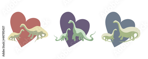 Simple set - two green dinosaurs with heart background, animal protection, animal love, dinosaur family. Concept of love for dinosaurs, parental love, can be used as sticker, vector cute illustration.