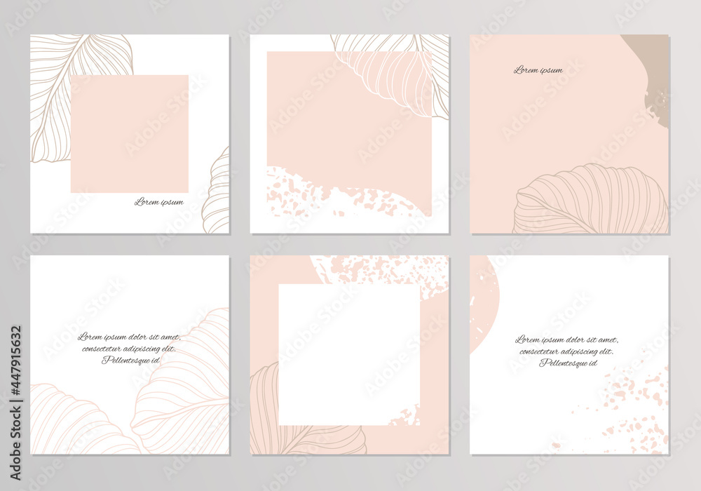 Social media  template.Set background layout in pastel colors with abstract texture and floral elements.Vector  for сontent creators of beauty, fashion, cosmetics, jewelry, makeup, 
post and cover