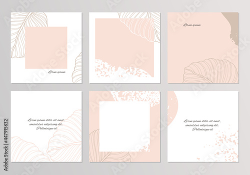 Social media  template.Set background layout in pastel colors with abstract texture and floral elements.Vector  for сontent creators of beauty, fashion, cosmetics, jewelry, makeup, 
post and cover