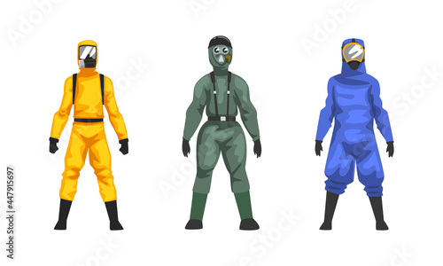 Man in Hazmat Suit as Personal Protective Equipment with Impermeable Garment Vector Set