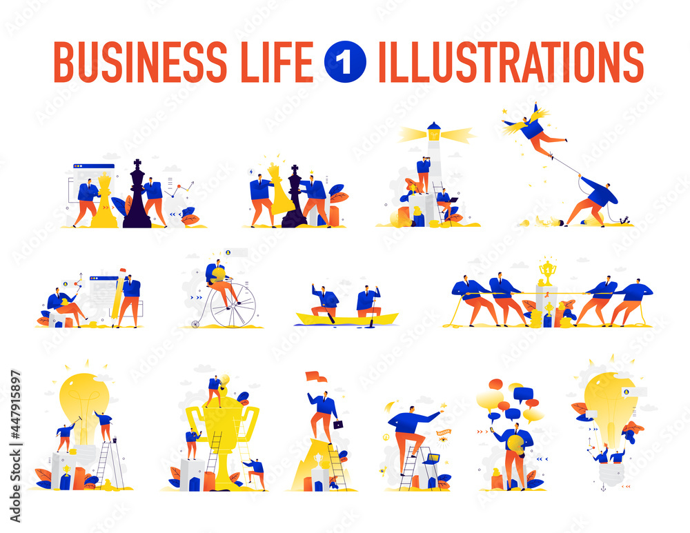 Illustrations of business situations.   The team is solving problems. Creative brainstorming. Achievement and fulfillment of the assigned tasks. Employees of the company.  