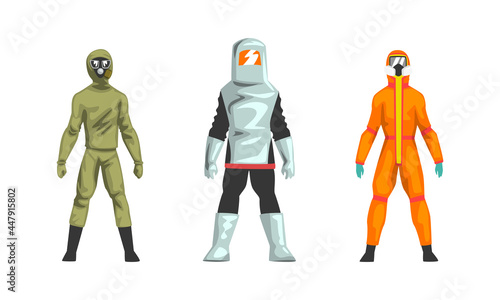 Man in Hazmat Suit as Personal Protective Equipment with Impermeable Garment Vector Set