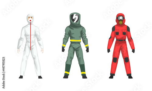 Man in Hazmat Suit as Personal Protective Equipment with Impermeable Garment Vector Set