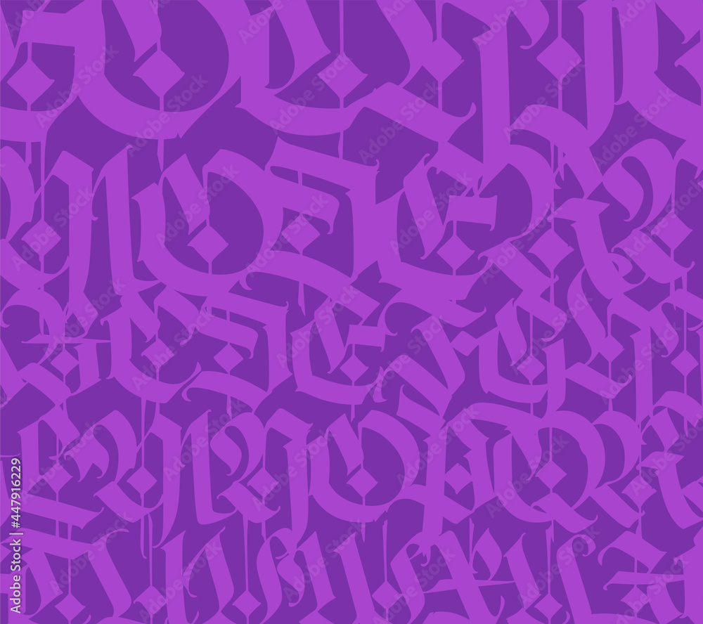 Medieval Gothic pattern. European modern gothic. Fiolet letters on a dark background. All letters are handwritten with a pen. Capital letters. Ornament for packaging and clothing. Medieval Gothic pattern. European modern gothic. Fiolet letters on a dark background. All letters are handwritten with a pen. Capital letters. Ornament for packaging and clothing.