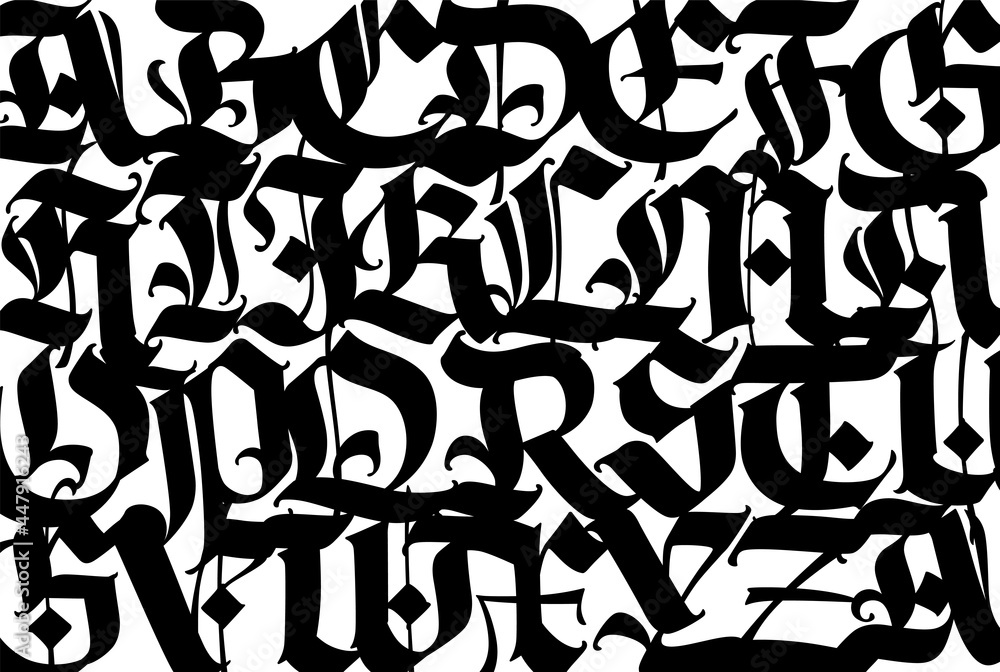 Medieval Gothic pattern. European modern gothic. Black letters on a white background. All letters are handwritten with a pen. Capital letters. Ornament for packaging and clothing. Medieval Gothic pattern. European modern gothic. Black letters on a white background. All letters are handwritten with a pen. Capital letters. Ornament for packaging and clothing.