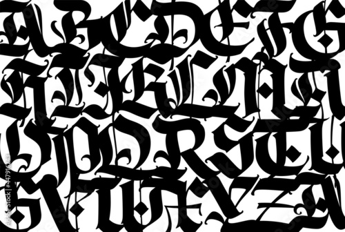 Medieval Gothic pattern. European modern gothic. Black letters on a white background. All letters are handwritten with a pen. Capital letters. Ornament for packaging and clothing.