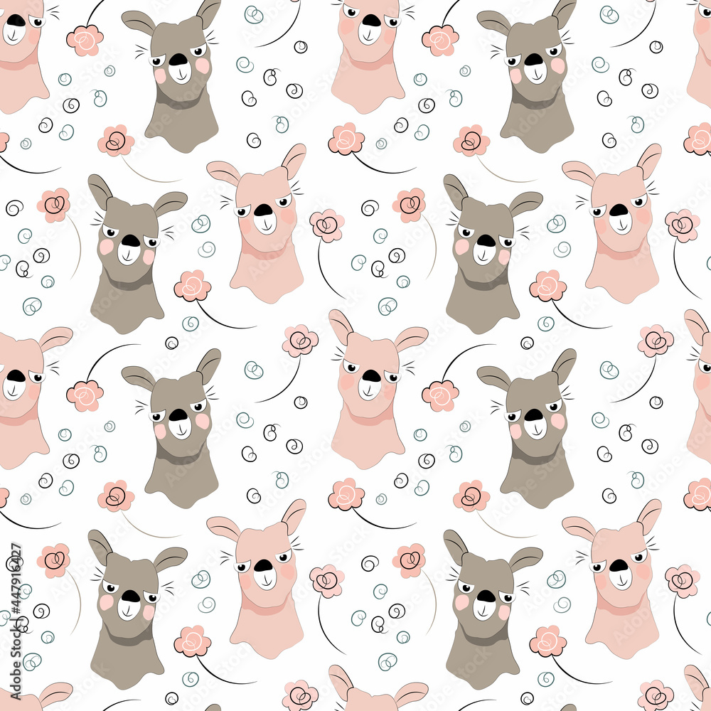 Seamless vector llama pattern with floral elements in a pale pink color palette on a white background for various children's designs: textiles, packaging, fabrics, stationery
