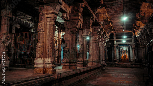 Thousand Pillars of Ekambareswarar Temple, Earth Linga Kanchipuram, Tamil Nadu, South India - Religion and Worship scenario image. The Famous Hindu God Temple, Indias Best Tourism Place