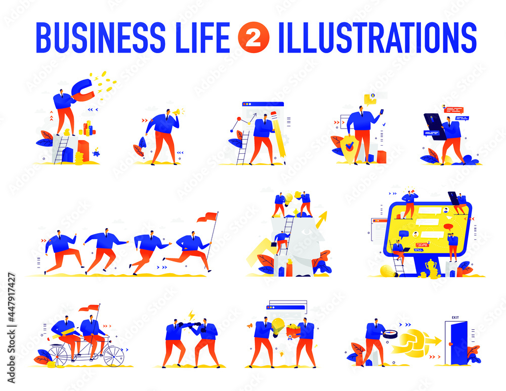 Illustrations of businessmen in different situations. People achieve their goals and make a career. Search for ideas. Solving tasks and problems. Business metaphors. Vector. All images are isolated on