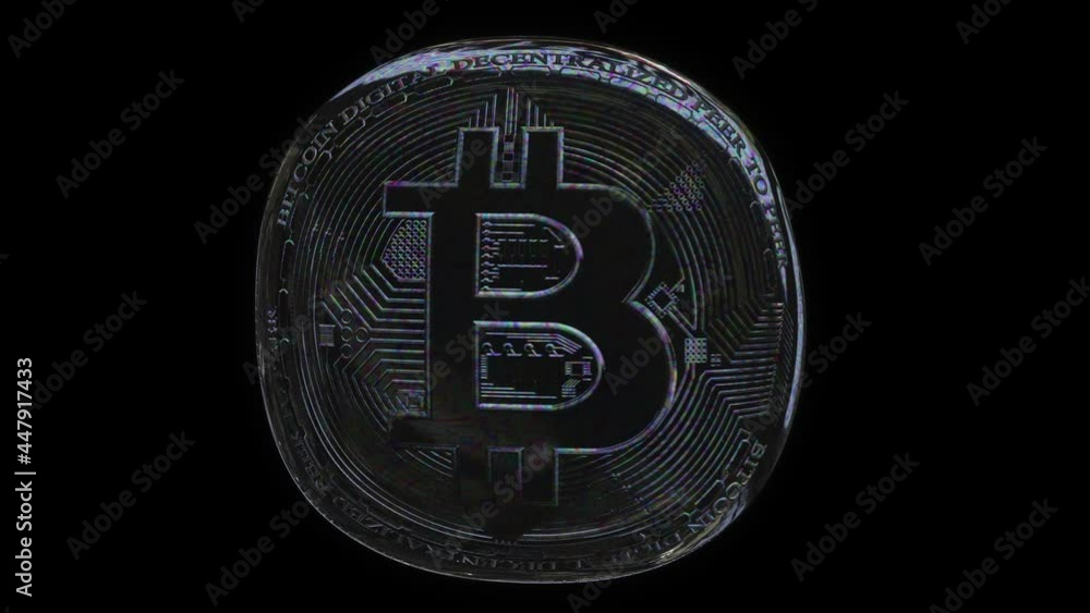 Bitcoin in the shape of a realistic soap bubble moving on a black ...
