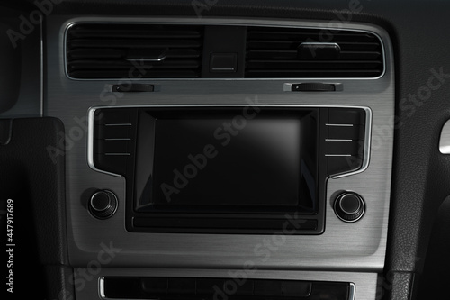 Closeup view of dashboard with navigation system in modern car