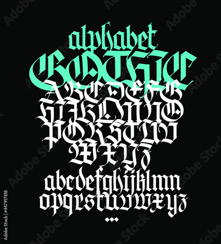 Complete Gothic alphabet. Vector. Uppercase and lowercase letters on a black background. Calligraphy. Elegant font for tattoo. Medieval European style. All Latin letters are written with a pen.