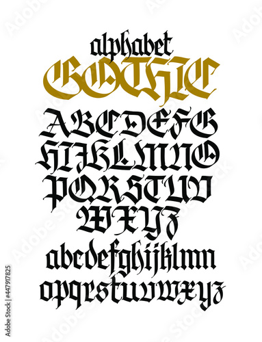 Complete Gothic alphabet. Vector. Uppercase and lowercase letters on a white background. Beautiful calligraphy. Elegant font for tattoo. Medieval European style. All Latin letters are written with a p