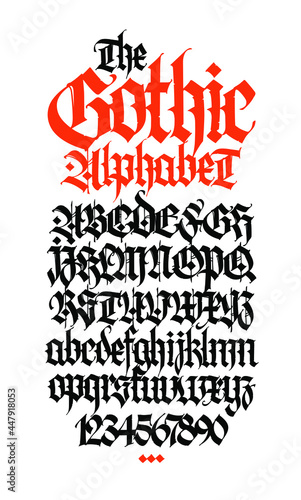 Gothic. Vector. Uppercase and lowercase letters on a white background. Beautiful and stylish calligraphy. Elegant European typeface for tattoo. Medieval modern style. Letters and numbers.