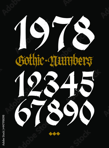 Gothic figures. Vector. Beautiful and stylish calligraphy. Elegant European typeface for tattoo. Medieval modern style. White characters and numbers are saved separately on a black background.