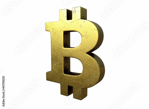 A golden bitcoin sign with scratches 3d-rendering