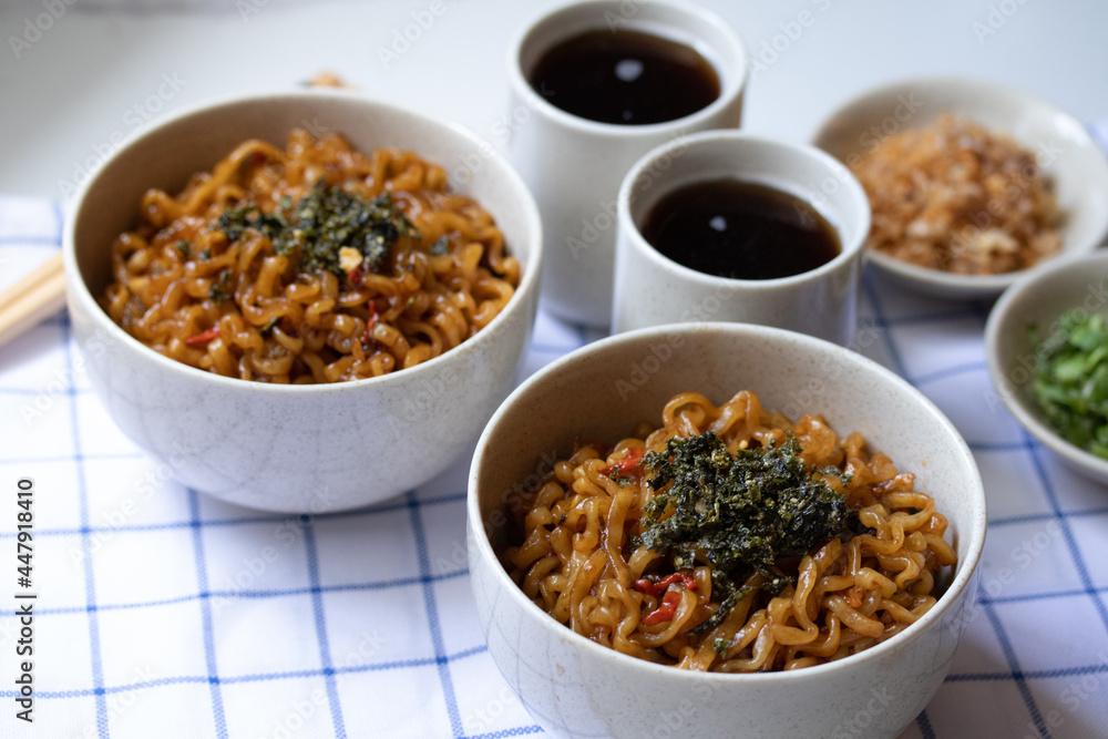 Korean hot and spicy instant noodle and seaweed Korean hot and spicy instant noodle and seaweed