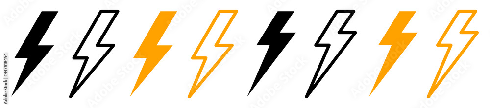 Lightning bolt icon. Vector lightning logo electric, set of thunder and lightning . Lightning bolt signs, icons isolated over white background. Electric power, storm. Vector. Lightning bolt icon. Vector lightning logo electric, set of thunder and lightning . Lightning bolt signs, icons isolated over white background. Electric power, storm. Vector.