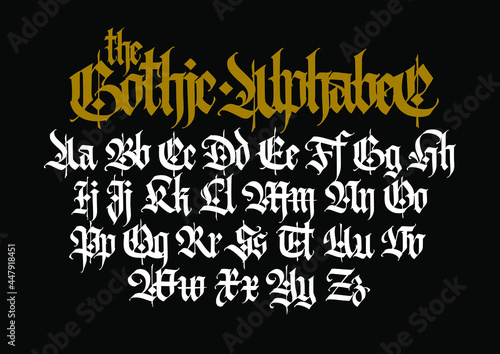 Gothic. Vector. Uppercase and lowercase white letters on a black background. Beautiful and stylish calligraphy. Elegant European typeface for tattoo and design. Medieval Germanic modern style.