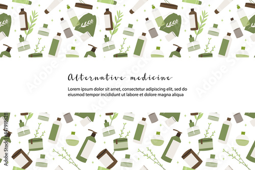 Label with apothecary bottles and leaves. Natural organic herb. Homeopathy, naturopathy. Complementary, alternative, integrative, holistic medicine. Vector flat cartoon illustration