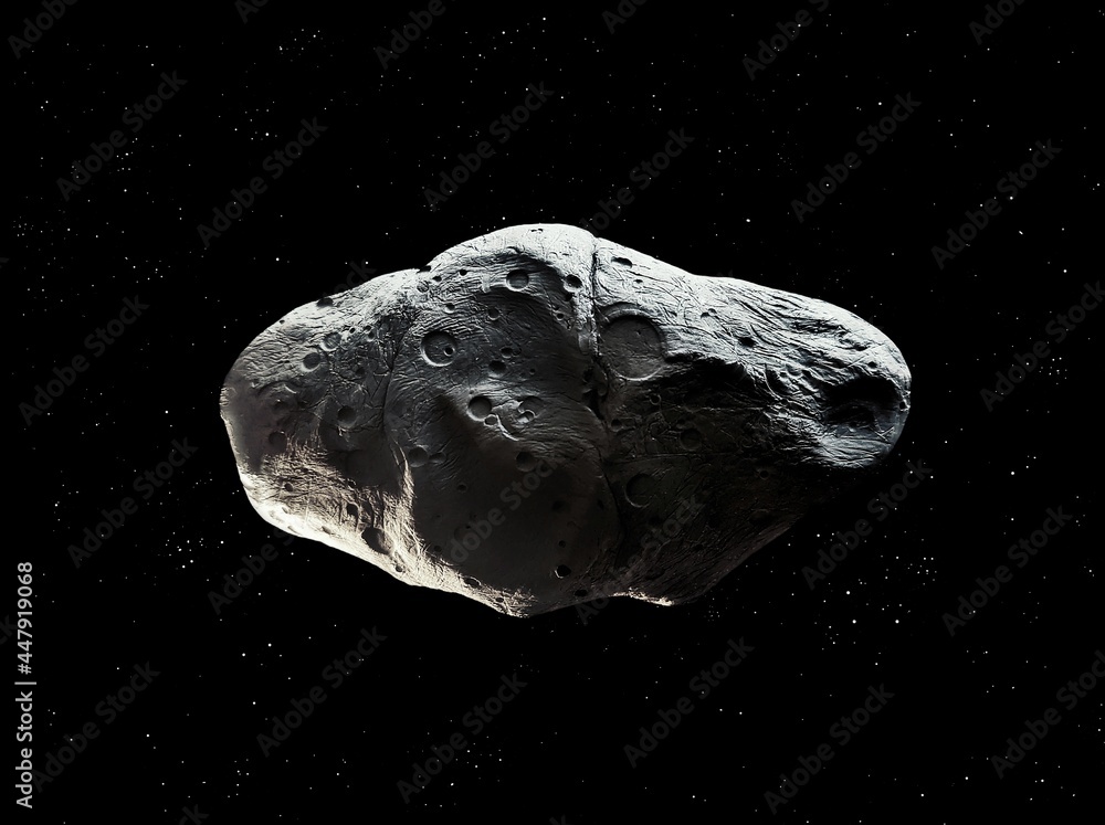 Rocky asteroid in space with stars. Asteroid isolated on a black background. Cosmic stone with impact craters. Meteorite surface. Rocky asteroid in space with stars. Asteroid isolated on a black background. Cosmic stone with impact craters. Meteorite surface.
