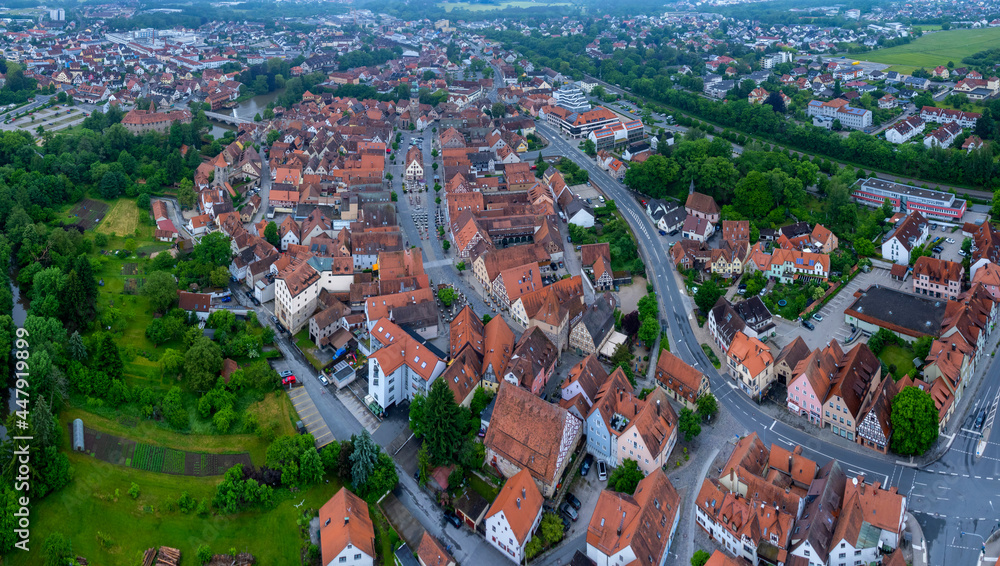 Aerial view of the city Lauf an der Pegnitz in Germany, Bavaria on a cloudy day in spring.