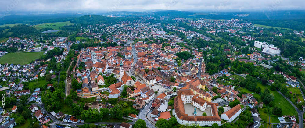 Aerial view of the city Sulzbach-Rosenberg in Germany, Bavaria. on a cloudy day in spring