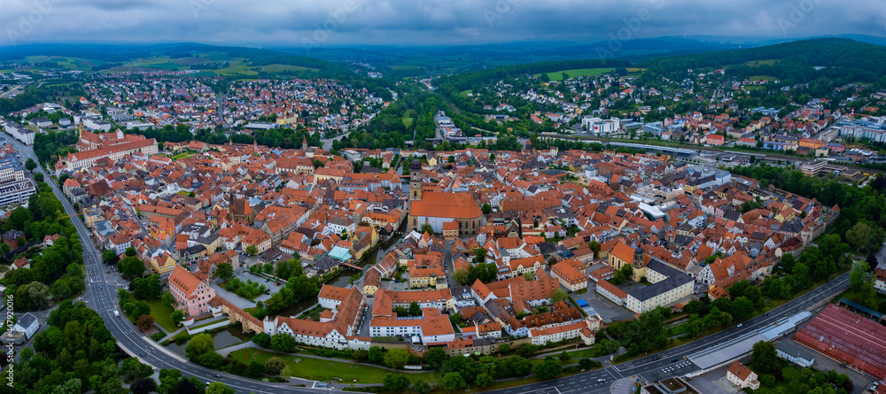 Aerial view of the city Amberg in Germany, Bavaria. on a cloudy day in spring