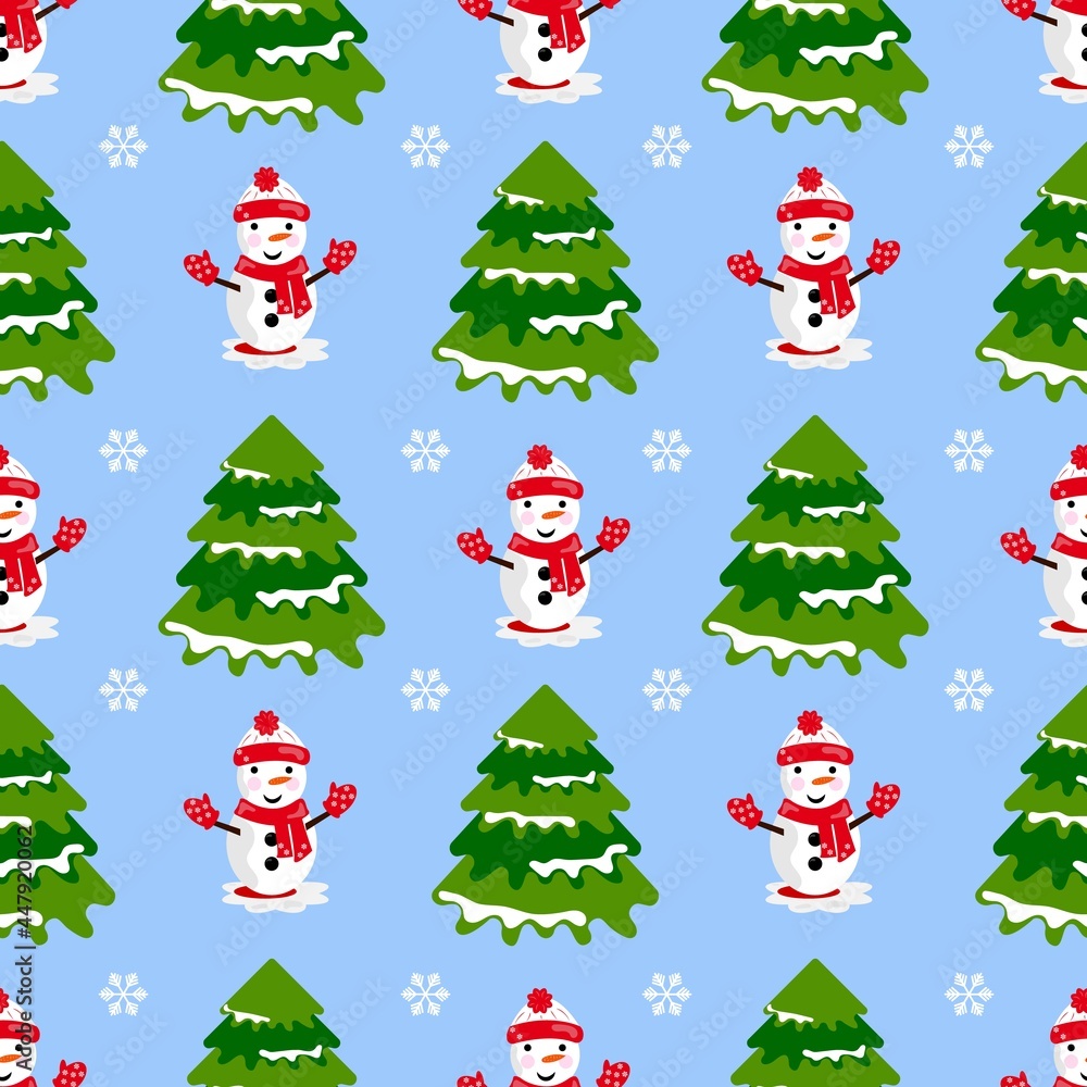 Christmas seamless pattern with fir trees, snowmen and snowflakes. Vector illustration on a light blue background Christmas seamless pattern with fir trees, snowmen and snowflakes. Vector illustration on a light blue background