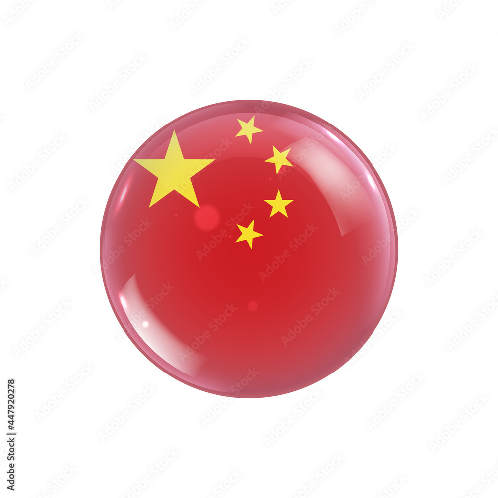 China flag icon round badge or button. Glossy sphere vector illustration.