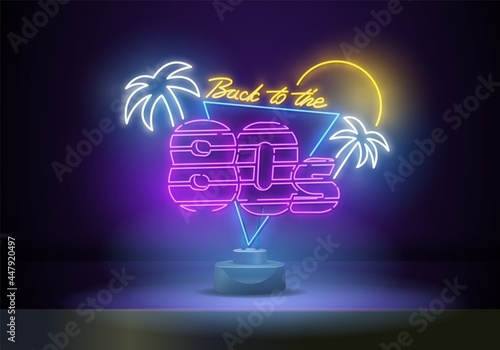 Back to the 80s neon sign vector. 80 s Retro style Design template neon sign, light banner, neon signboard, nightly bright advertising, light inscription. Vector illustration photo