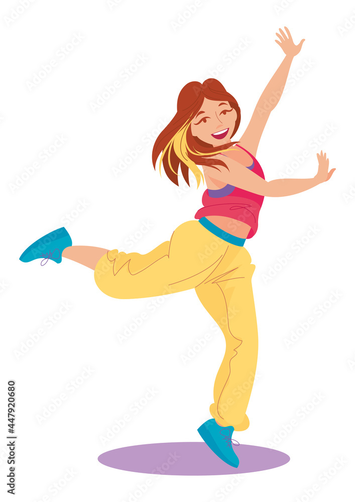 Pretty girl in girl in bright sportswear dancing modern dance in a jump.  Dancing club, school, fitness classes. Vector illustration, cartoon  character, isolated, icon, simbol, logo, design element Stock Vector | Adobe