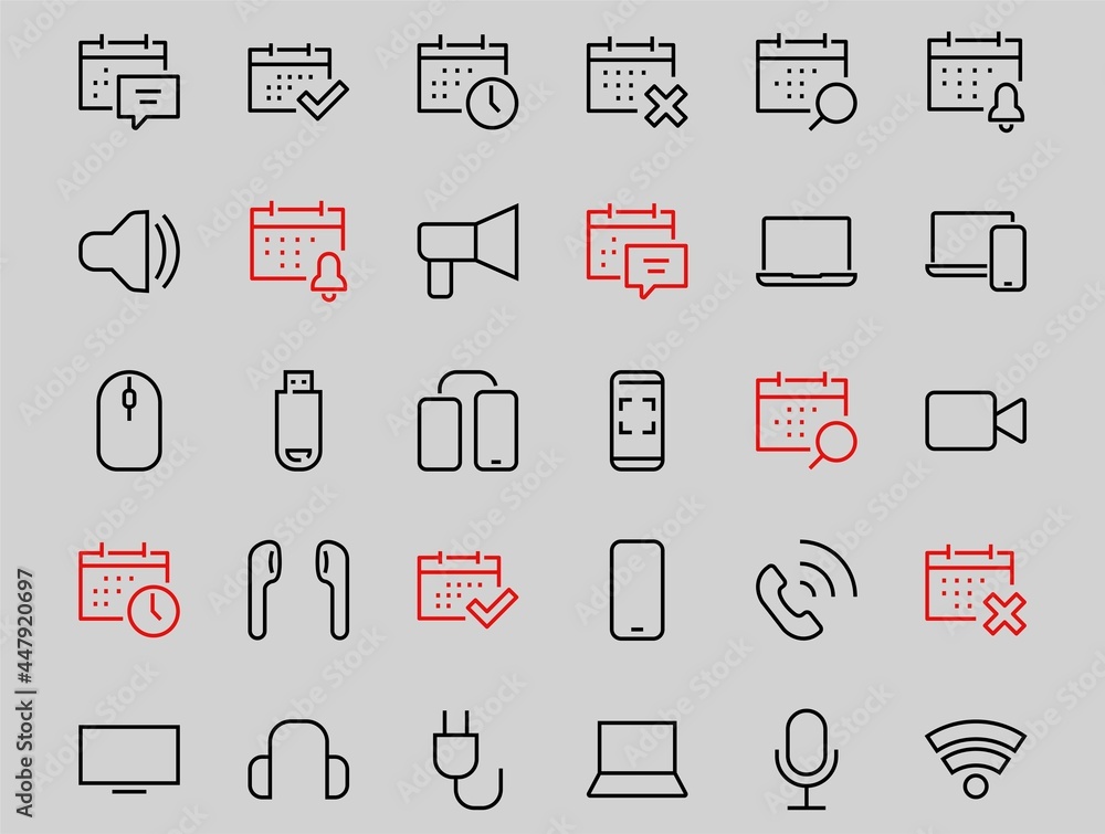 A set of smart devices and gadgets, computer hardware and electronics. Electronic devices icons for web and mobile vector lines. computer, telephone. Editable stroke. 48x48 pixels A set of smart devices and gadgets, computer hardware and electronics. Electronic devices icons for web and mobile vector lines. computer, telephone. Editable stroke. 48x48 pixels