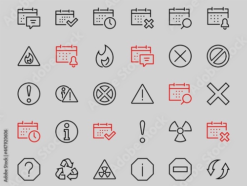 WARNINGS simple set of thin line vector icons. Contains icons such as warning, exclamation mark, reuse, warning sign and more. Editable stroke. Vector illustration