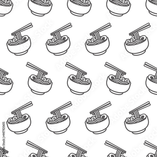 Simple seamless pattern of ramen bowl black line art cartoon style illustration background template vector
