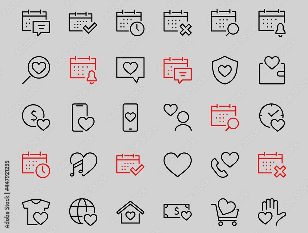 The set of icons about love contains such icons as love of music, declaration of love, heart, favorite home, Linear set. Vector on a white background. Editable stroke. 480x480 The set of icons about love contains such icons as love of music, declaration of love, heart, favorite home, Linear set. Vector on a white background. Editable stroke. 480x480